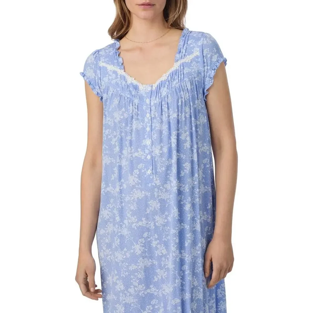Eileen West Floral Waltz Nightgown Blue White 2X Pajama Sleep Dress Modal Blend